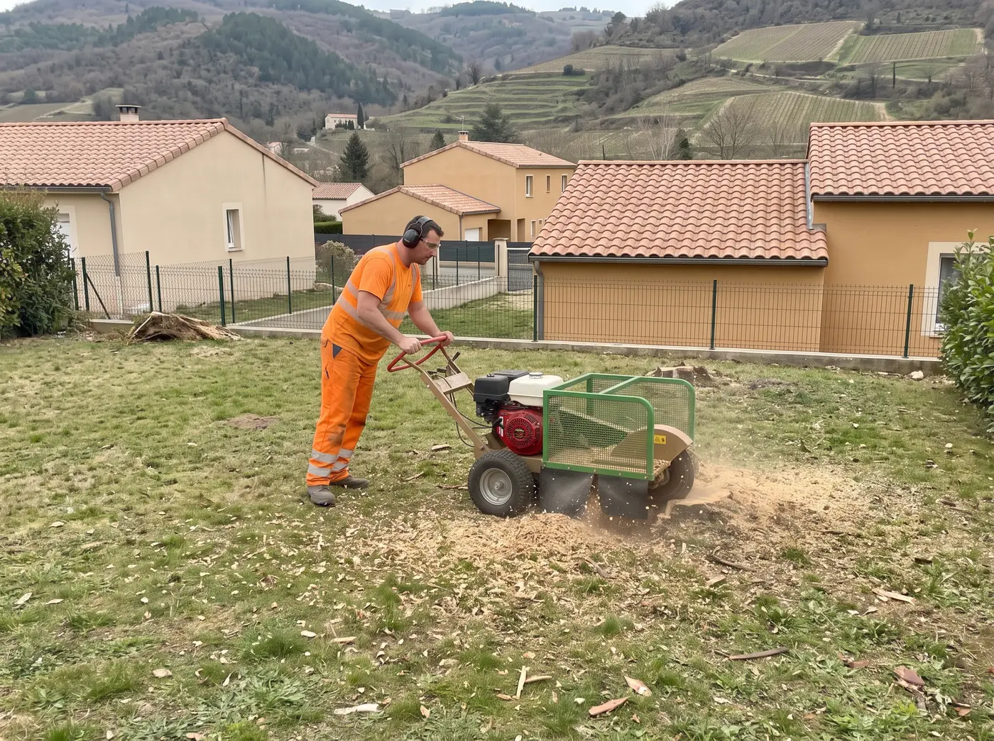 Rognage d'une souche à la rogneuse